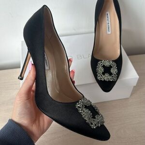 BRAND NEW Manolo Blahnik HANGISI | Black Satin Jewel Buckle Pumps